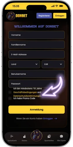 Donbet Casino Registrierung Schritt 2 Anmeldeformular mit Promocode Checkbox