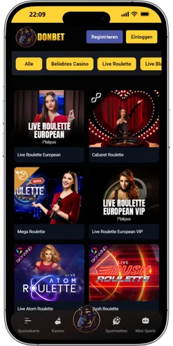Donbet Live Casino Lobby mit Roulette und Blackjack Tischen