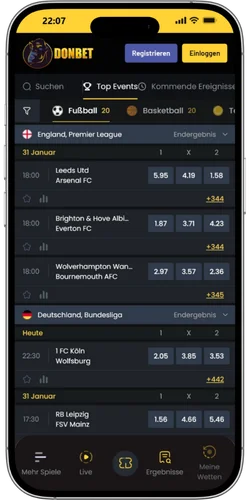 Donbet Sportwetten Bereich mit Live-Wetten und Bundesliga Märkten
