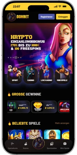 Donbet Casino Startseite mit Spielkategorien und Willkommensbonus