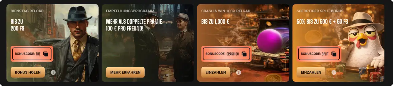 Slot Mafia Casino Bonusseite mit Willkommenspaket und 350 Freispielen auf vier Einzahlungen