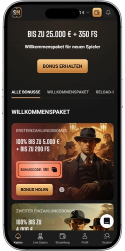 Slot Mafia Casino Bonusseite mit Willkommenspaket und Reload Aktionen