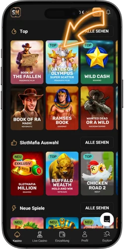 Slot Mafia Casino Spiellobby mit Slots, Live-Casino und Tischspielen