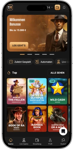 Slot Mafia Casino Startseite mit Spielkategorien und Willkommensbonus Banner