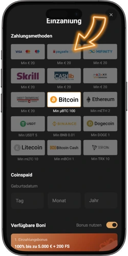 Einzahlungsseite mit verfügbaren Zahlungsmethoden: Karte, E-Wallet und Krypto