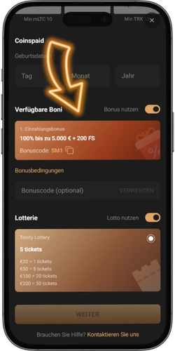 Einzahlungsfenster mit Willkommensbonus-Aktivierungsoption und Mindesteinzahlung von 20 Euro